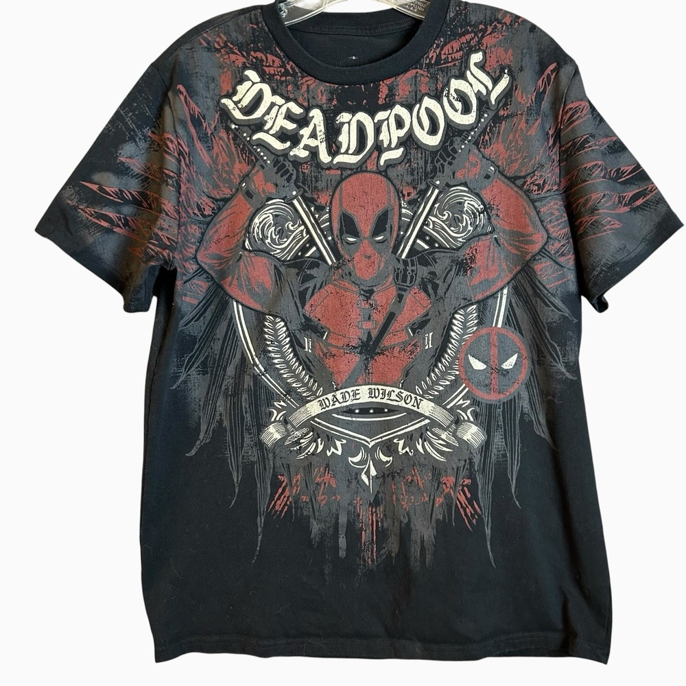 Marvel DEADPOOL Wade Wilson Graphic Tee T Shirt Size L Black RARE
